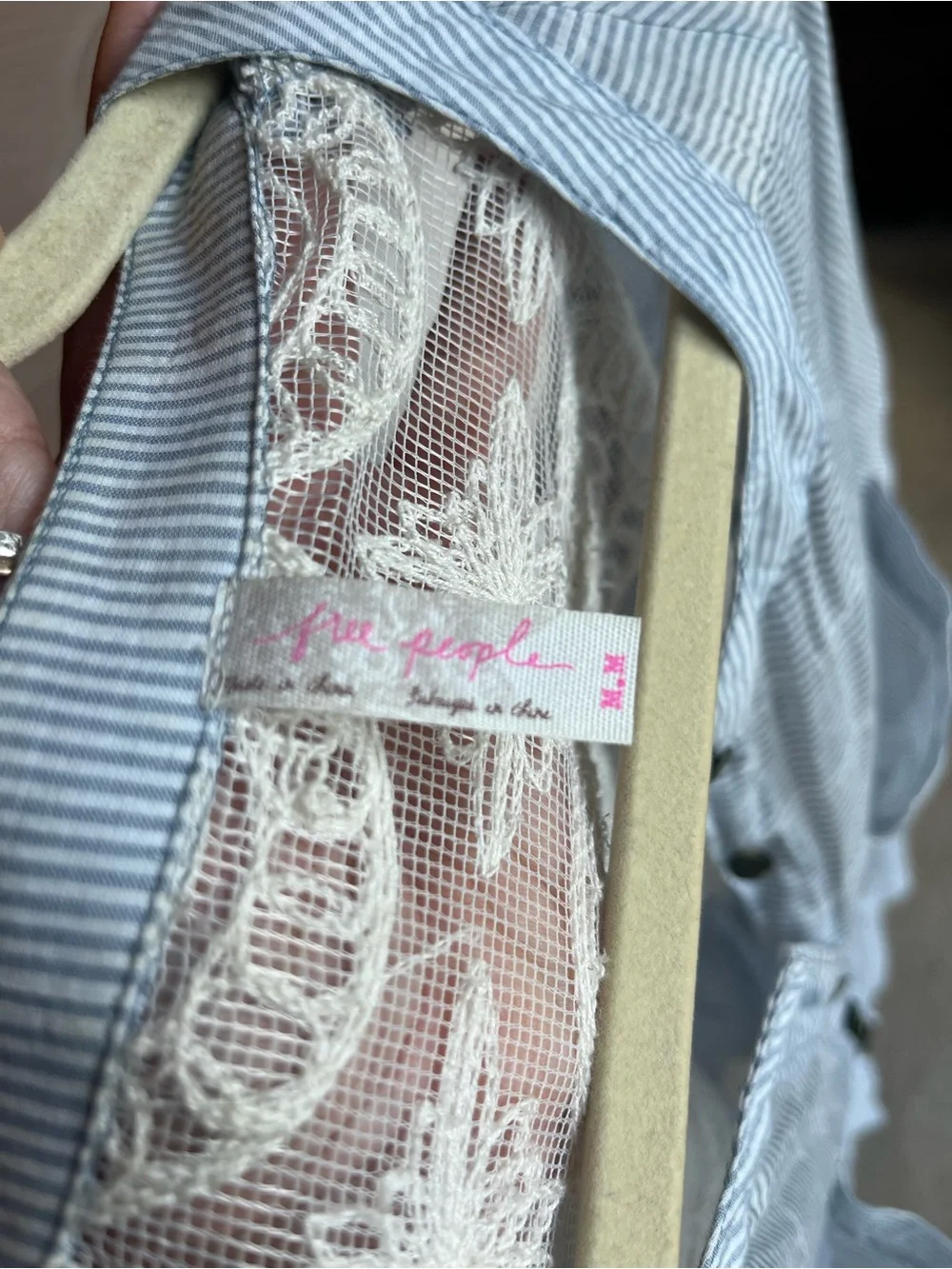 Free People Cream and Lt. Blue/ Grayish Striped Button Front Blouse.